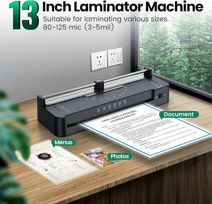 Laminator Machine with 40pcs Laminating Pouches Sheets, 9 in 1 Laminator 13-inch Wide Thermal &Cold Machine Built-in Paper Trimmer Corner Rounder Hole Punch for Home Office School (Black)