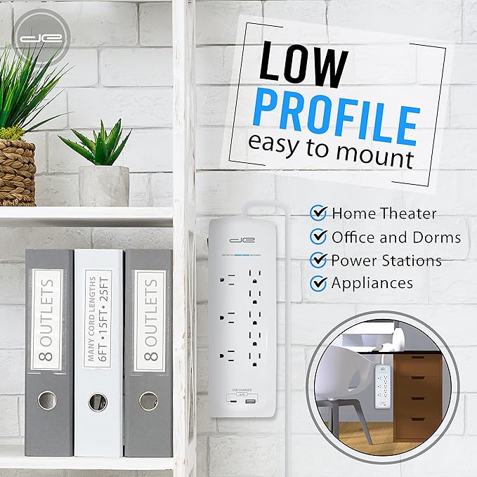 Digital Energy 25 FT USB-C and USB-A 8 Outlet 4200 Joules Surge Protector Power Strip, 3 Wide Spaced Outlets, White