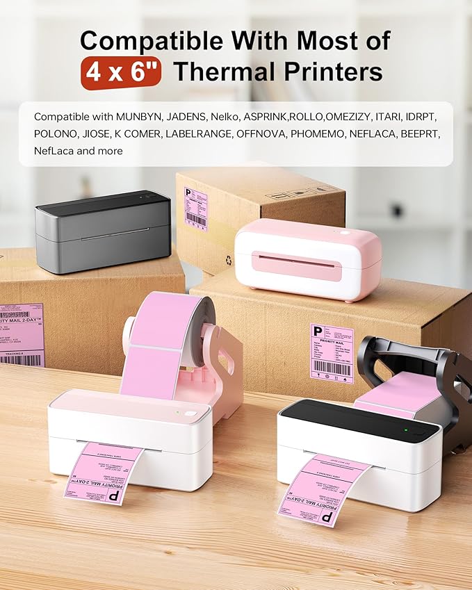 Phomemo 4x6 Thermal Label Printer Paper - 500 PCS Pink 4"x6" Fan-Fold Shipping Supplies Labels - Water/Oilproof Label Stickers - Permanent Adhesive Thermal 4x6 Labels for Small Business Supplies