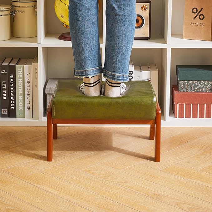 IBUYKE 10.2” H Small Foot Stool Ottoman, Rectangle PU Faux Leather Foot Rest with Padded Seat and Wood Legs, Modern Accent Ottoman Foot Rest for Living Room Bedroom Couch Office, Dark Green WBD013GR
