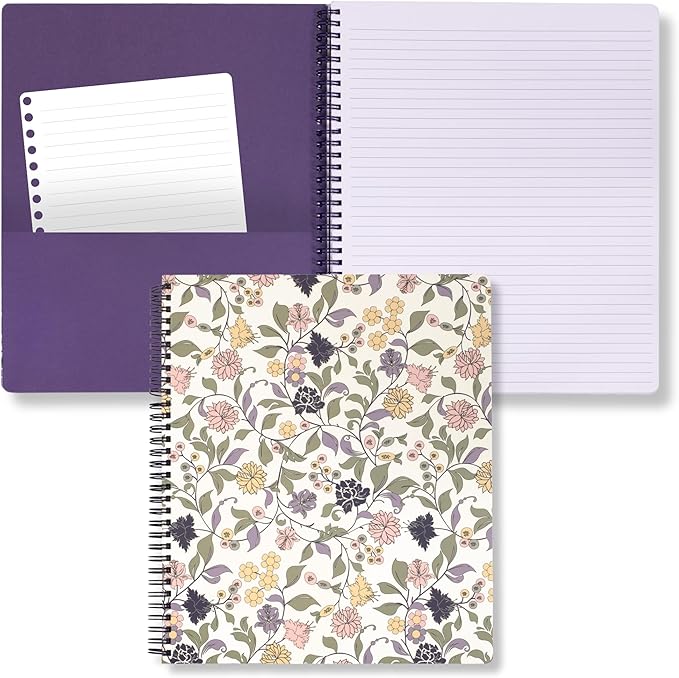 Steel Mill & Co Cute Floral Large Spiral Notebook College Ruled, 11" x 9.5" with Durable Hardcover and 160 Lined Pages, Purple Vine Ditsy