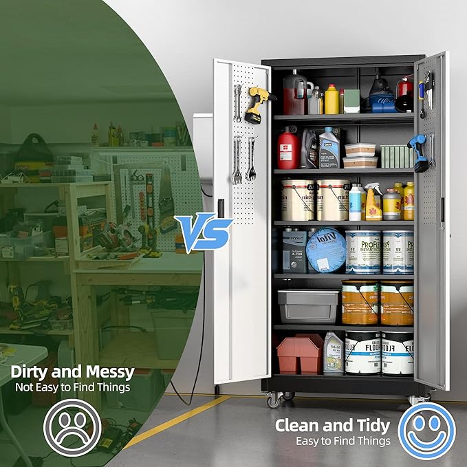 Aobabo Garage Storage Cabinet with Wheels, Metal Storage Cabinet with 5 Adjustable Shelves for Garage Home, Black&Silver,71" H*34''W*18''D,Required-Assembly,