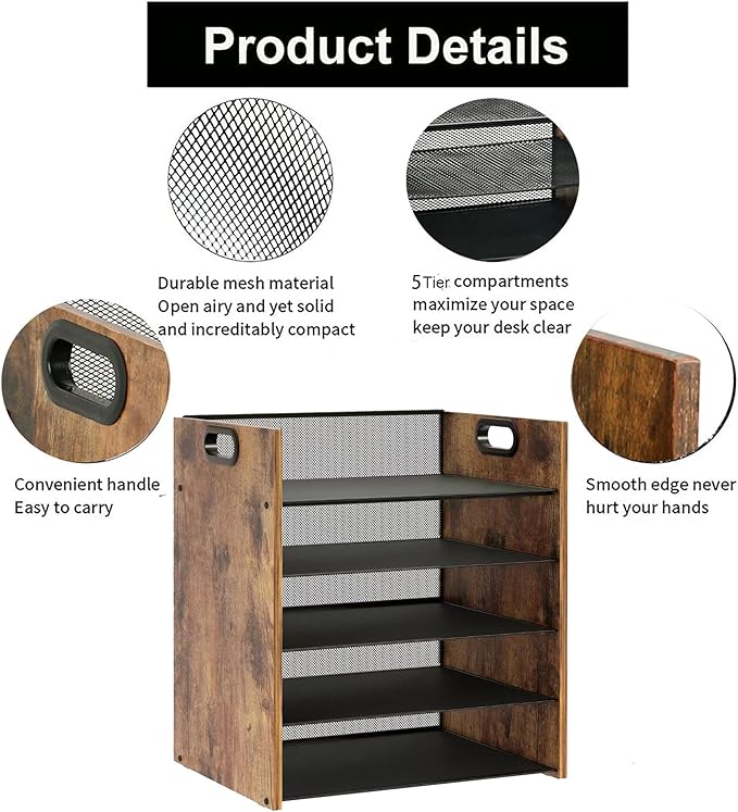 Wood Desk Organizer - 5-Tier Desktop File Organizer, Wooden Paper Tray, Office Desk Organzier and Accessories for Papers, Mail, Notebooks, Stationery