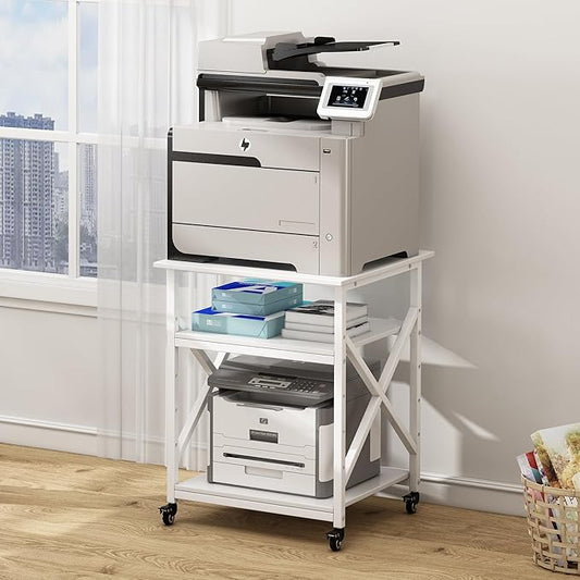 Large Printer Stand with Height Adjustable Storage Shelf, 23.6 x 23.6 Inches Square Printer Table with Industrial Wheels, Multi-use 3 Tier Rolling Printer Cart for Home Office - White