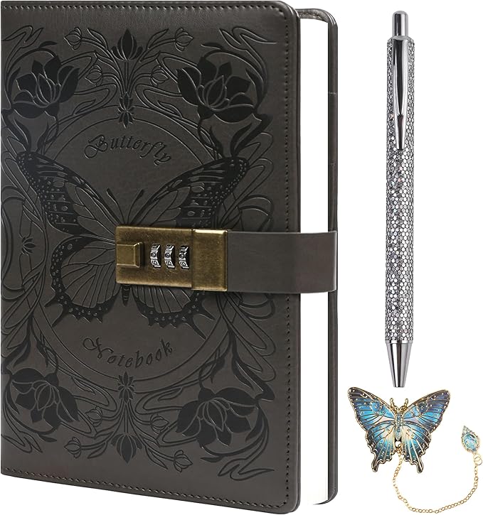 TIEFOSSI Diary with Lock for Women Girls, Lined Locked Journal, Butterfly Journal Notebook with Pen and Bookmark, A5 Refillable Locking Journals for Writing, 224 Numbered Pages