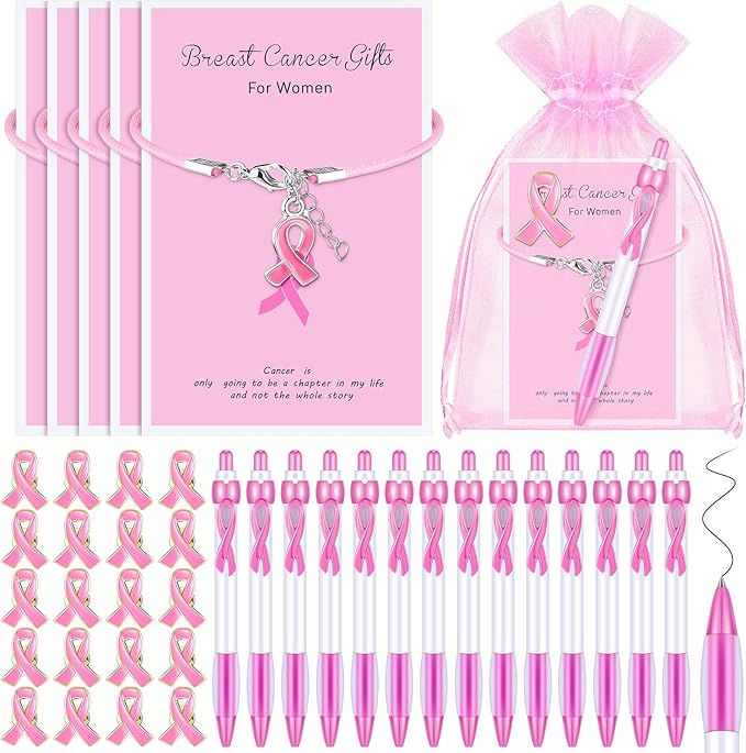192 pcs Breast Cancer Awareness Items Bulk Pink Cancer Patients Survivor Gifts Include Pink Ribbon Pens Pins Bracelets Organza Bags Cancer Survivor Campaign Supplies for Theme Charity Event