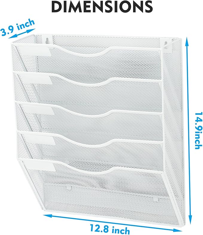 EASEPRES Magnetic 5 Pocket Mesh Hanging File Organizer, Wall Mounted Mail Paper Document Folder Holder, Clipboard Storage Organization Magazine Rack with Nametag Label for Office Home School, White