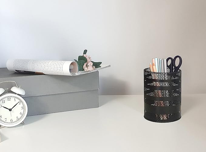 Metal Mesh Pen Pencil Cup Holder Stand Office Desk Organizer Stationery Caddy Makeup Brush Holder, Black (Large)