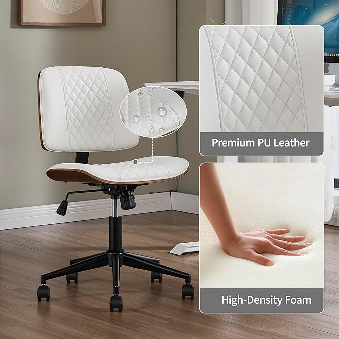 Small Home Office Chair - Armless Mid Back Desk Chair with 360° Swivel and Wheels, PU Upholstered Height Adjustable Modern Walnut Computer Chair for Home, Office Meeting Room - White