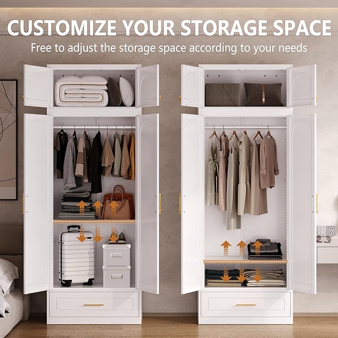 Metal Armoire Wardrobe Closet with Drawer, Freestanding Wardrobe Cabinet with Hanging Rod, Large Clothing Storage Cabinet with Doors for Bedroom, 18" D x 32" W x 86" H, White, Assemble Required