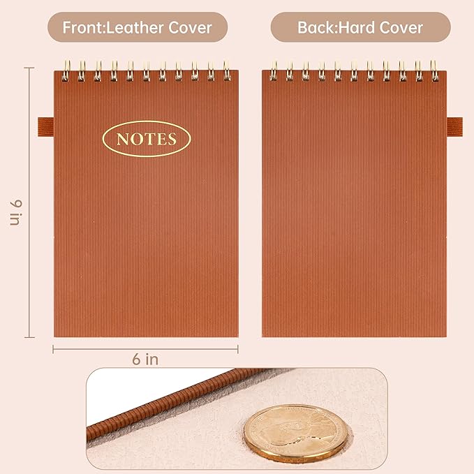 Yoment Top Spiral Notebook 240 Pages Leather Steno Pads 6x9 Top Bound Spiral Notepad 100 GSM College Ruled Notebook Left Handed Notebooks for Work School Office, Brown