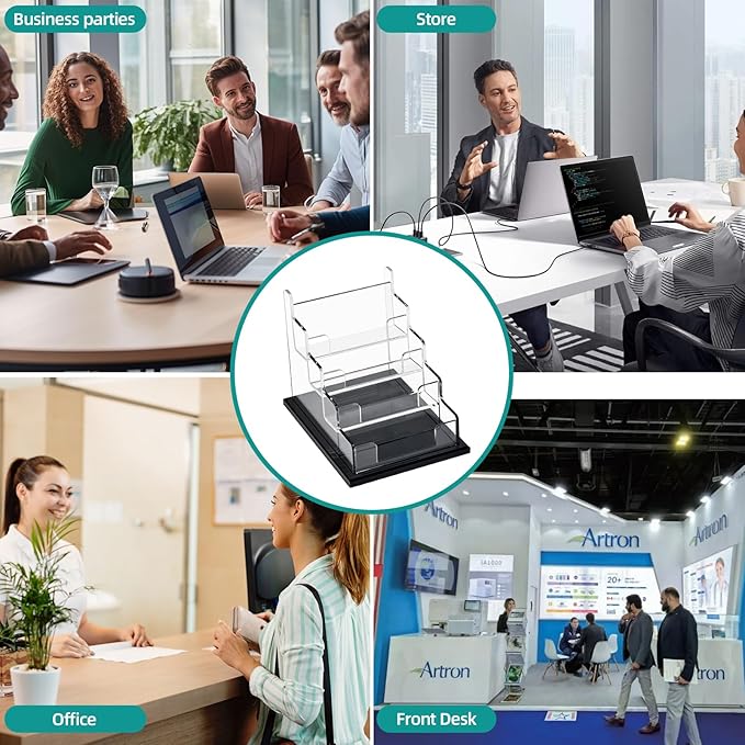 PecMuikee Business Card Holder for Desk，Acrylic Business Card Display Stand,Multiple Business Card Holders for Office, Exhibition, Home, Restaurant (4 Slot)