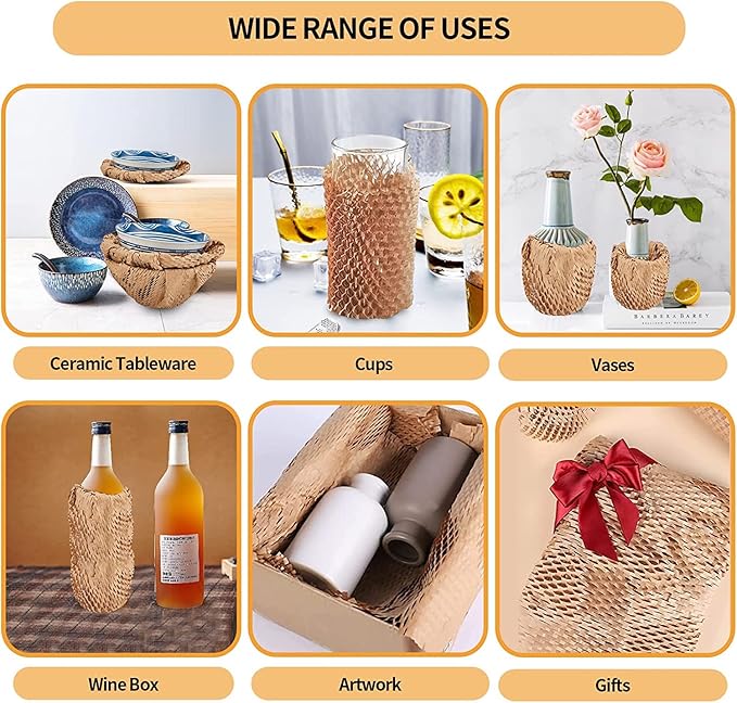 Honeycomb Packing Paper, HONSREO 15 Inches x 230 Feet Eco Friendly Recyclable Cushioning Material, Bubble Wrap for Moving Shipping Breakable Supplies with 20 Fragile Sticker Lables (Black)