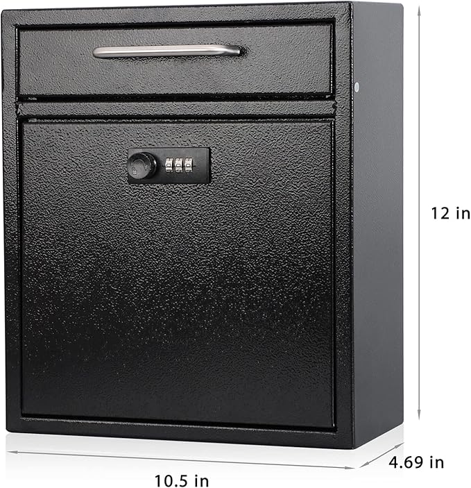 KYODOLED Steel Combination Lock Mail Boxes Outdoor,Locking Wall Mount Mailbox,Security Key Drop Box,12H x 10.51L x 4.68W Inches,Black Large