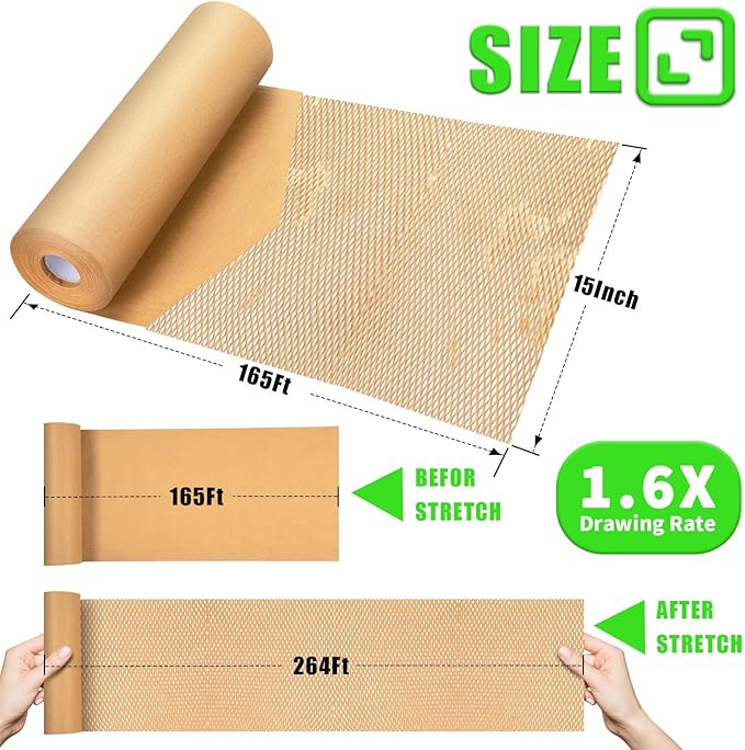 Honeycomb Packing Paper, MINHAO 15"x165' Eco Friendly Packing Paper for Moving Recyclable Honeycomb Paper Moving Supplies Bubble Paper Wrapping Protective Roll, With 36 Fragile Sticker Labels