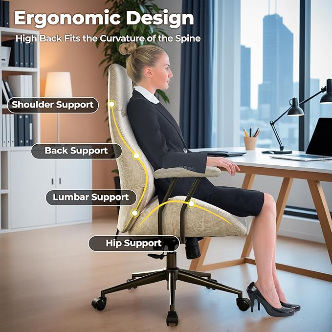 ovios Ergonomic Home Office Chair, Mid-Century Modern Faux Leather Chairs with Padded Armrests, Comfy High Back Swivel Rolling Executive Computer Armchair (Beige, Suede Leather)