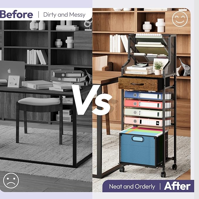 SWTYMIKI 10-Tier Rolling File Cart - Mesh Paper Organizer with Drawer and Hanging File Folders on Lockable Wheels, Wood Teacher Cart for Office Organization, Storage in Home, Studio, School, Espresso