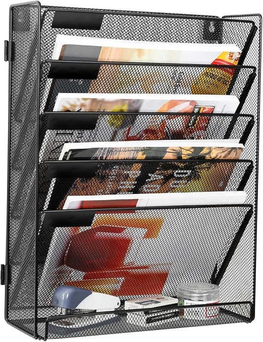 EasyPAG 6 Tier Wall File Holder with Flat Tray, Black | Easy Assemble Mesh Desk File Organizer | 5-Folder Paper Storage | Replaceable Classify Labels | Space Saving Mail Organizer for Office Home