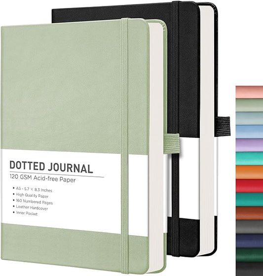 RETTACY Bullet Dotted Journal Notebook, 2-Pack, 160 Numbered Pages per Pack, A5 Medium Size (5.7'' x 8.3''), 120 GSM Thick Paper, Leather Hardcover, for Bullet Journaling (Black & Light Green)
