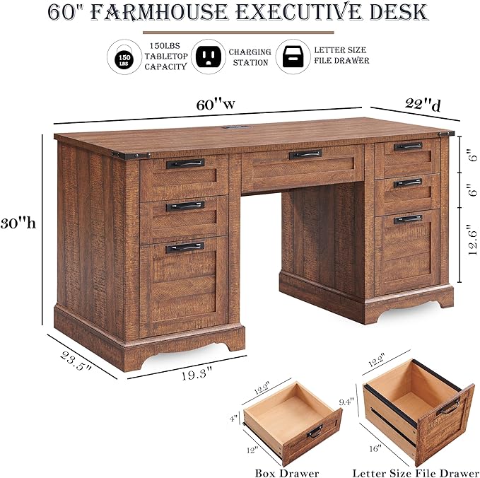 RedLemon 60" Farmhouse Executive Desk with Drawers, Wood Home Office Desk w/Charging Station, Keyboard Tray, File Drawer, Storage Cabinet, Rustic Computer Writing Desk (Reclaimed Barnwood)
