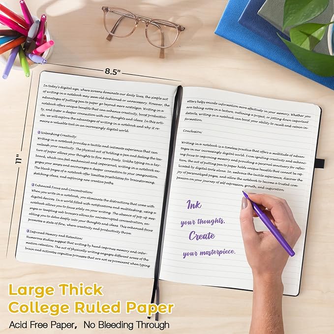 College Ruled Notebook, A4 Hardcover Leather Notebook for Work, Lined Notebook Journal for Women, Men, 192 Thick Paper, 8.5" x 11", Large Notebook with Pockets, Professional Business Notebook, Yellow