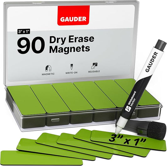 GAUDER Magnetic Dry Erase Labels | 90x Magnetic Labels (3 Inches x 1 Inch) | Dry Erase Magnets for Classroom, Whiteboard and Blackboard