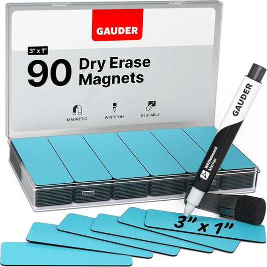 GAUDER Magnetic Dry Erase Labels | 90x Magnetic Labels (3 Inches x 1 Inch) | Dry Erase Magnets for Classroom, Whiteboard and Blackboard