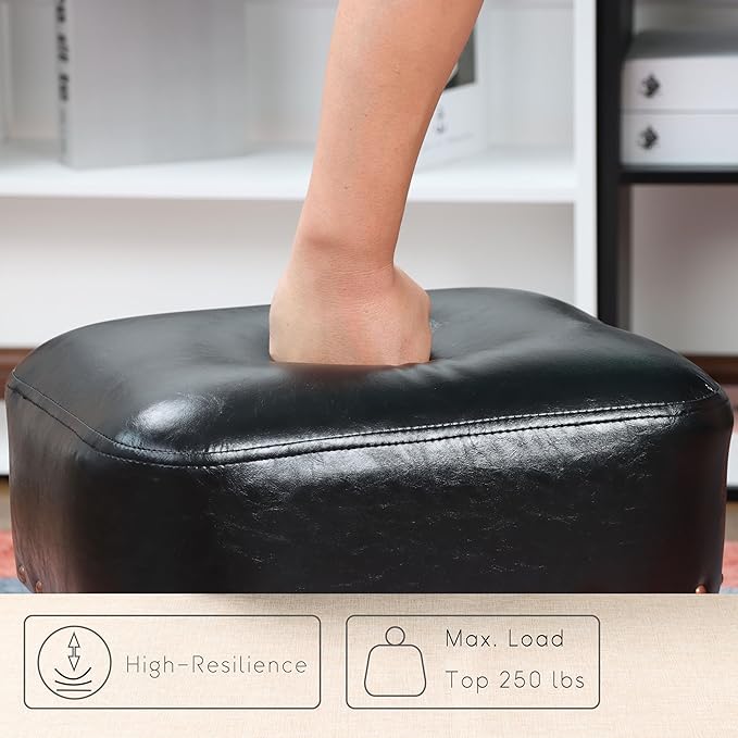Ottoman Leather Foot Rest with Thicker Foam Padded Seat, Footstool with Wooden Legs (Black)