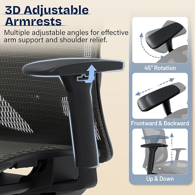 Ergonomic Office Chair, Mesh Computer Desk Chairs with Adjustable Lumbar Support, 3D Armrests, Tilt Function, Comfy Wide Seat, Swivel Executive Work Task Chair for Company and Home