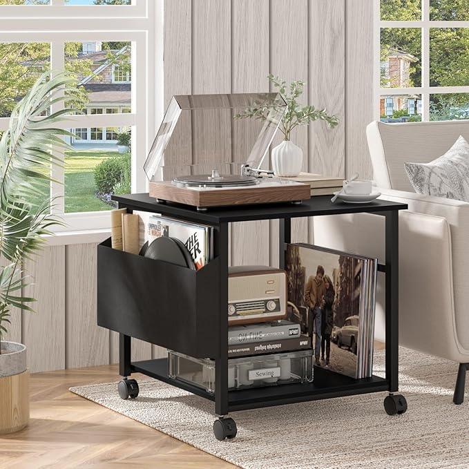 Lerliuo Large Printer Stand with Storage Shelf, 23.6 x 23.6 x 22.8 Industrial Printer Table for Home Office, Rolling Printer Cart Holder with Lockable Wheels, Mobile Mini Fridge Stand Table (Black)