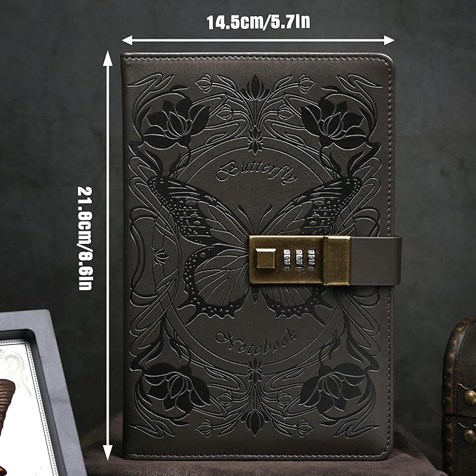 TIEFOSSI Diary with Lock for Women Girls, Lined Locked Journal, Butterfly Journal Notebook with Pen and Bookmark, A5 Refillable Locking Journals for Writing, 224 Numbered Pages