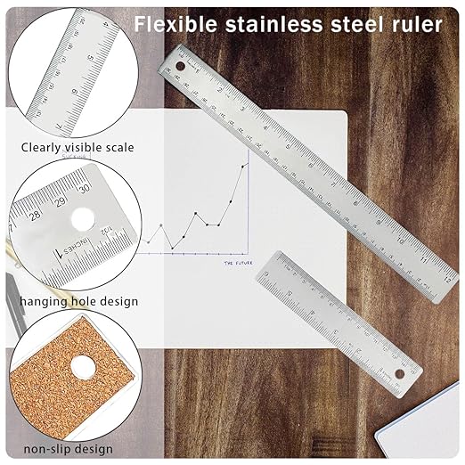 12 Inch Metal Ruler Stainless Steel Metal Ruler with Cork Backing, Non-Slip Rulers with Inch and Centimeters, Straight Edge Cork Base Rulers for Student School Office Drafting Tools