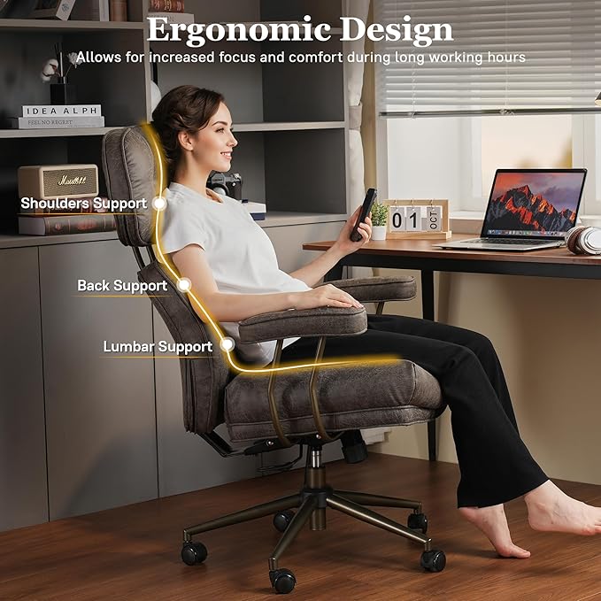 Mid Century Modren Big and Tall Office Chair,Large Ergonomic Executive Chair for Heavy Duty People, Computer Desk Task Chair with Wheels, Faux Lether Fabric Wide Chair for Home Sturdy,Grey