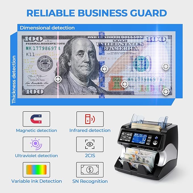 MUNBYN IMC01 Bank Grade Money Counter Machine Mixed Denomination, 2CIS/UV/IR/MG/MT Counterfeit Detection, Serial Number, MUL Currency Cash Counter, Printer Compatible Bill Value Counter (Black)