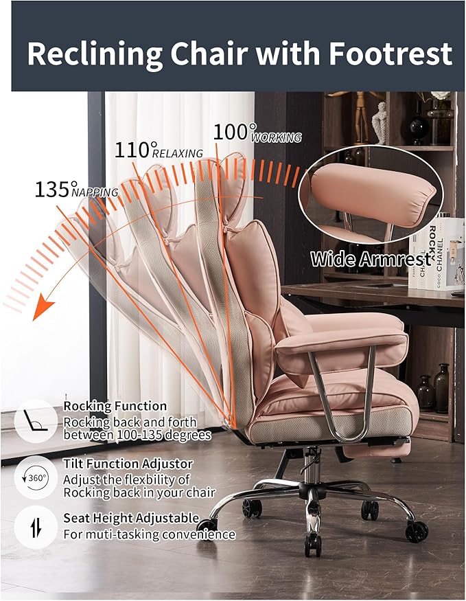 Efomao Big and Tall Office Chair 400LBS, Heavy Duty Executive Office Chair with Foot Rest, Home Office Desk Chairs, Pink Big Tall Computer Chair