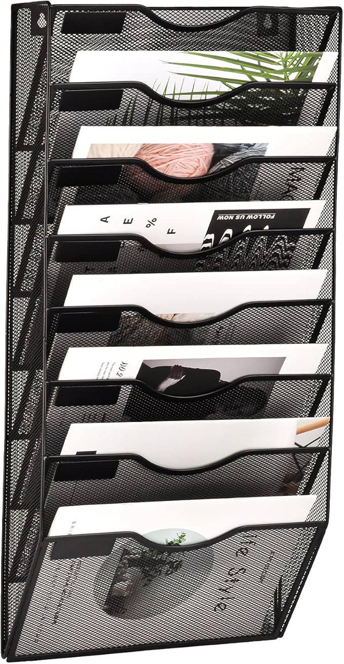 EASEPRES 8 Pocket Mesh Hanging Wall File Organizer, Wall Mounted Mail Paper Document Folder Holder, Clipboard Storage Organization Magazine Rack with Nametag Label for Office Home School, Black