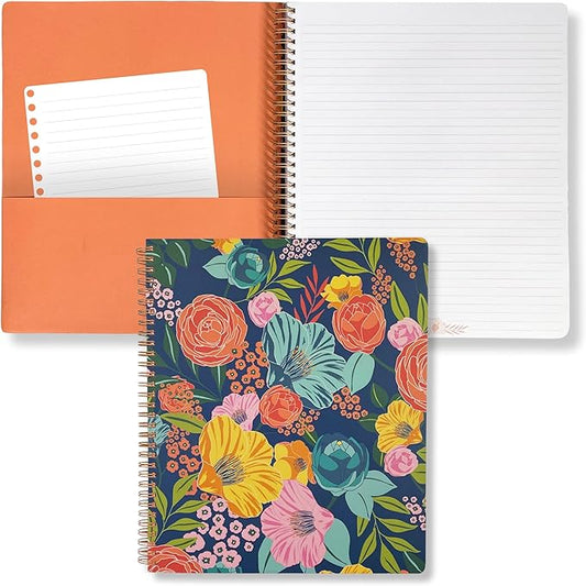 Steel Mill & Co Cute Large Spiral Notebook College Ruled, 11" x 9.5" with Durable Hardcover and 160 Lined Pages, Garden Blooms (Navy)