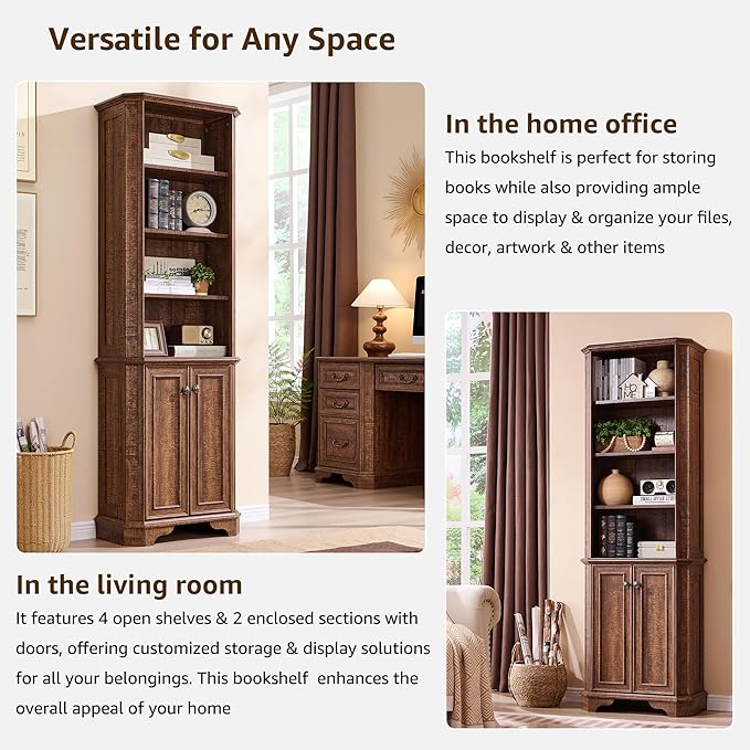 T4TREAM 6-Tier Bookshelf with Storage, 72" Tall Farmhouse Bookcase with Doors and Adjustable Shelves, Wooden Floor Standing Display Book Shelf Organizer for Home Office, Reclaimed Barnwood