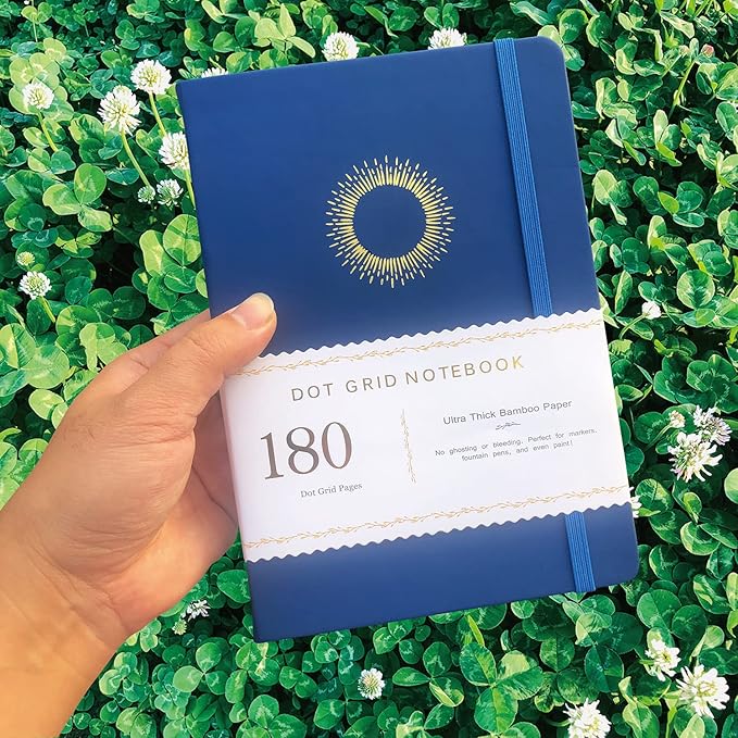 Dotted Notebook Journal 180GSM Bamboo Thick White Paper 160 Pages 5 * 5MM Dot Grid, Lay Flat Binding,Colored Silver Edges, Bookmarks and Expandable Back Pocket (BKP-3)