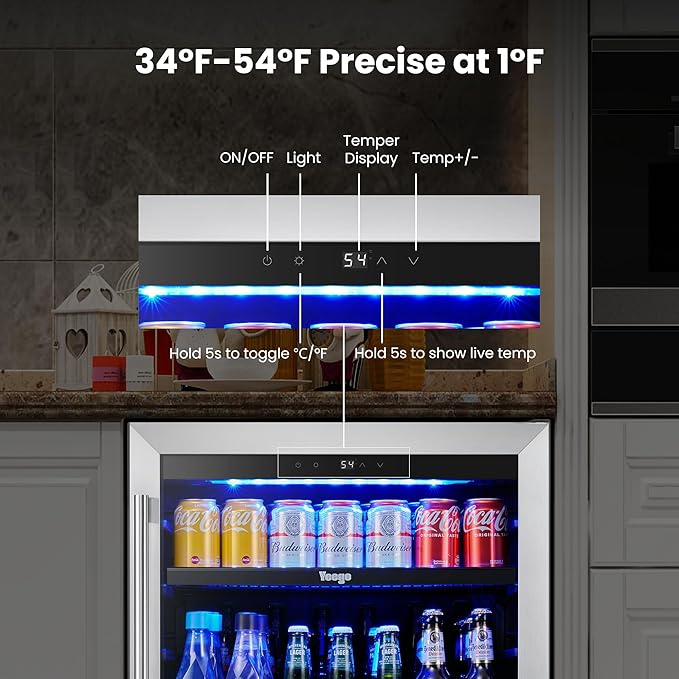 Yeego Beverage Refrigerator Cooler - 24 inch 180 Cans Mini Fridge with Glass Door, 34-54 ℉ Under Counter Refrigerator Built-in for Wine Beer Soda for Bar Bedroom Office