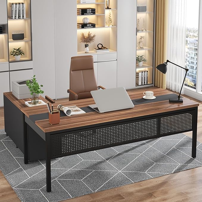 Tribesigns 70.8" Large Executive Office Desk and 47" Lateral File Cabinet Combo, L-Shaped Computer Desk 2 Piece Business Furniture with Drawers and Shelves, Home Office Workstation, Walnut
