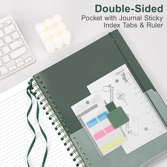 RETTACY Spiral College Ruled Notebook, 300 Pages, B5 Medium Size (7.4" x 10"), for School, Work, Writing, Journaling, 100 GSM Thick Paper, Flexible Plastic Cover (Deep Green)