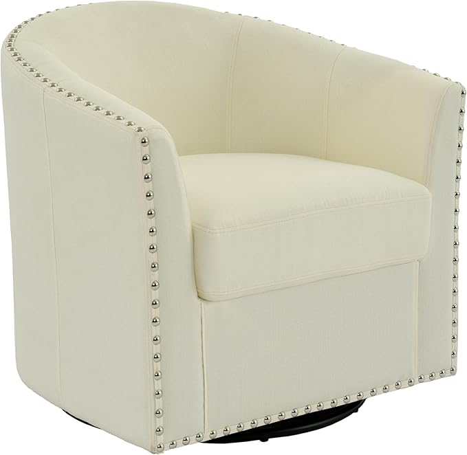 UIXE 360° Swivel Barrel Accent Chair Set of 2, Modern Upholstered Arm Chair Round Club Armchair, Nailhead Trim Single Sofa Seating in Fabric for Living Room - White