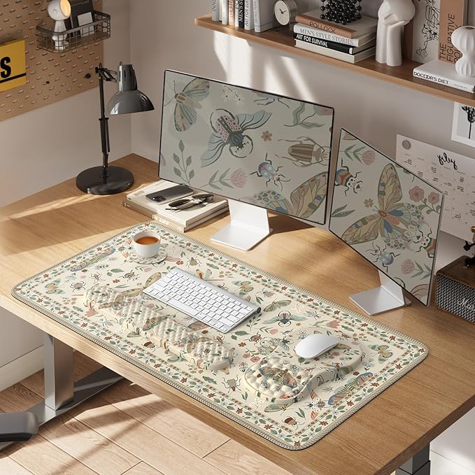 iLeadon Desk Pad Mat,Keyboard Wrist Rest and Mouse Pad Set,Full Desk Mouse Pad Extra Large for Computer Keyboard,Massage Mousepad+Cup Coaster with Non-Slip Base for Home Office,Beige Insect