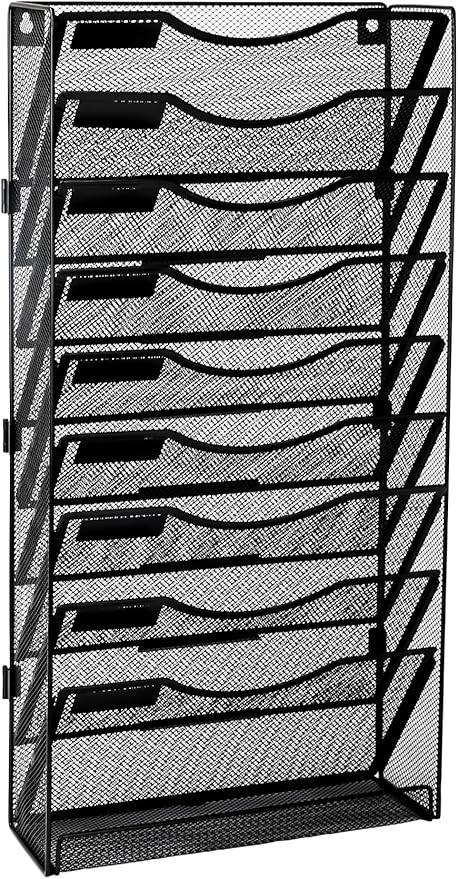 EasyPAG 10 Tier Wall File Holder with Flat Tray, Black | Easy Assemble Mesh Desk File Organizer | 9-Folder Paper Storage | Replaceable Classify Labels | Space Saving Mail Organizer for Office Home