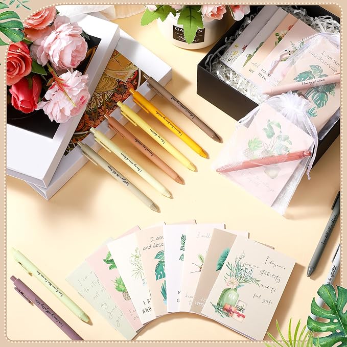 24 Set/48 Pcs Positive Affirmation Gift Set Gratitude Notebooks with Pens Small Bags Motivational Encouragement Notepads Daily Affirmations Journal for Women Stress Relief Self Care (Flower)