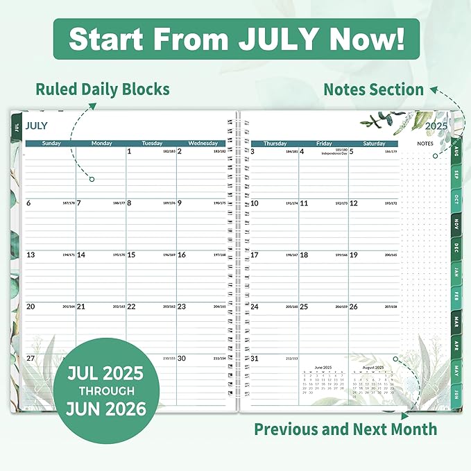 SUNEE 2025-2026 Appointment Book, Quarter-Hourly, Weekly & Monthly - from July 2025 to June 2026, 8.5"x11" Academic Planner, Flexible Cover, Note Pages, Bookmark, Spiral Binding, Leaves