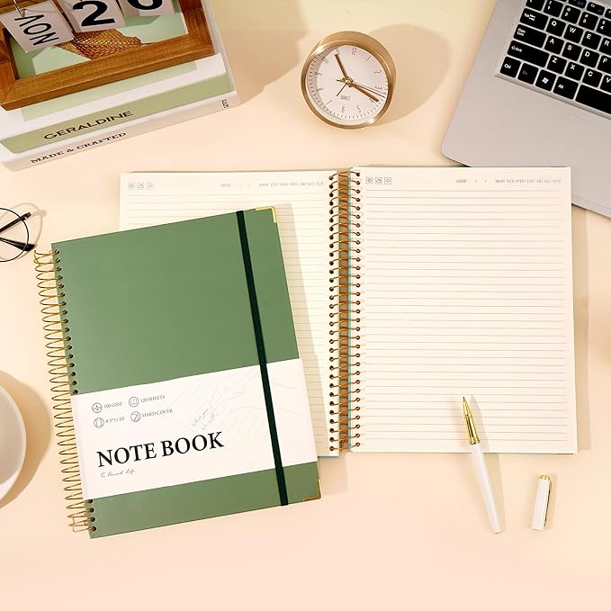 Large Spiral Notebook College Ruled with Tab Stickers A4 Notebooks for School Supplies Hardcover Spiral Notebook 8.5 x 11 Journal Note Book for Work Note Taking Women Men Writing, 220 Pages, Green