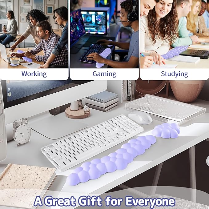 Cloud Wrist Rest Keyboard, Cloud Palm Rest Set with PU Leather Memory Foam, Cute Keyboard Rest for Wrist Support and Arm Rest, Desk Cloud Wrist Pad for PC/Gaming/Hand Cushion/Computer-Purple