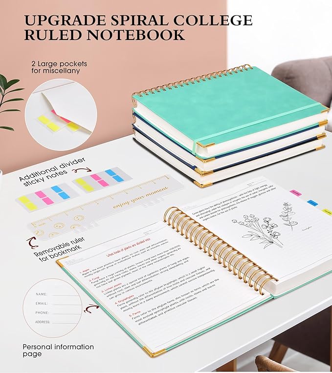 Spiral Notebook Journal 8.5” x 11”, 300 Pages Hardcover Leather Lined Journals for Women Men, A4 Large College Ruled Notebooks with 100 GSM Thick Paper, Spiral Journal for Writing Work School, Teal